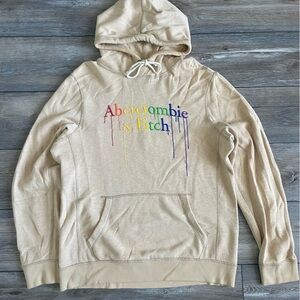 Abercrombie & Fitch Tan Hoodie with Multicolor Logo Size Medium